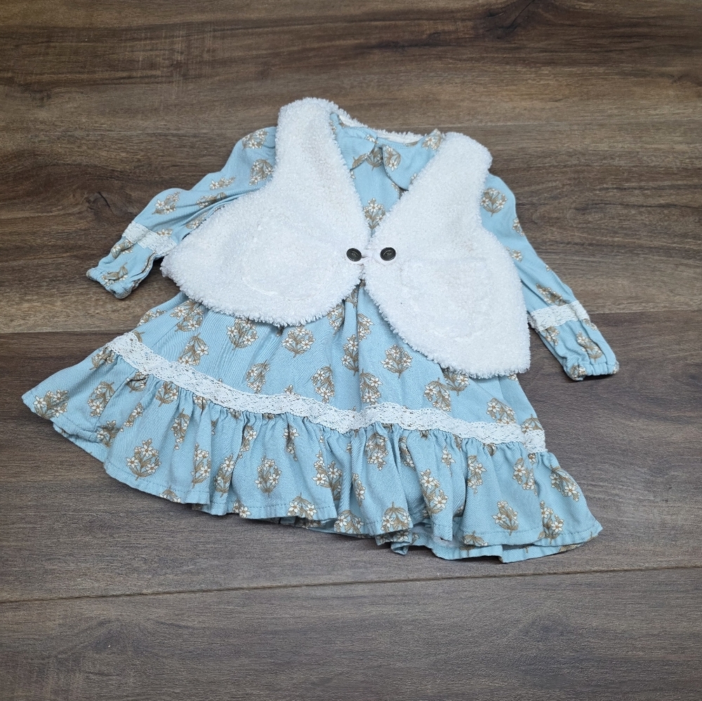 Floral and Lace Dress with Sherpa Vest Boho Peasant Prarie Dress SIZE: 12 Months